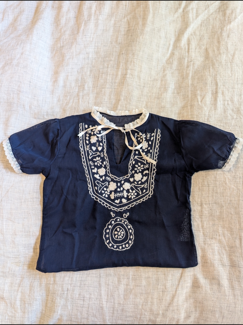 Vintage 🕊️ Mexican Navy Blue Embroidered Tie-Neck Top